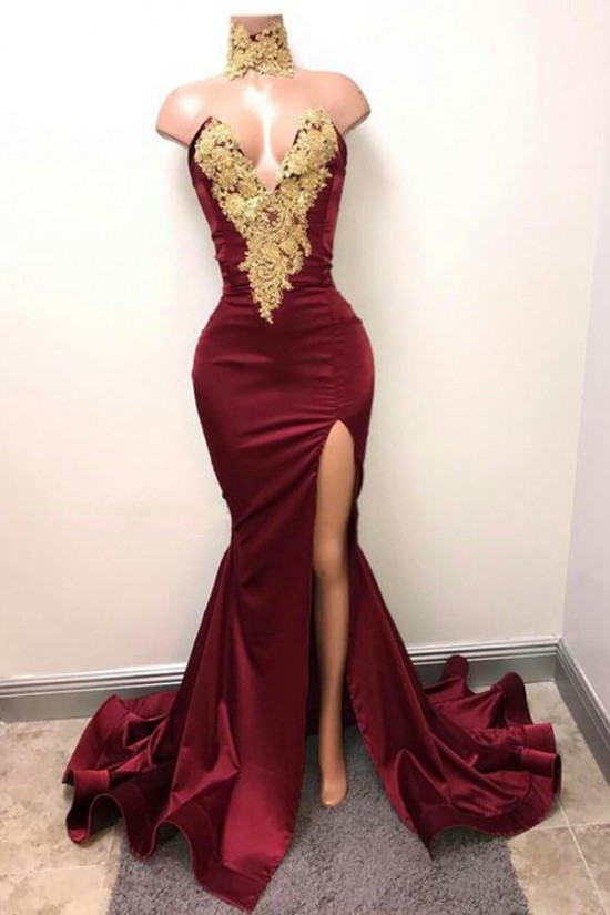 Sexy Mermaid Long Prom Evening Party Dresses with Gold Lace Appliques 3020702