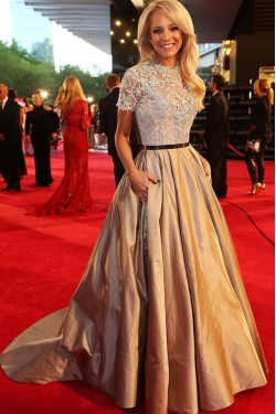 Elegant Short Sleeves Lace Ball Gown Long Prom Evening Party Dresses 3020705