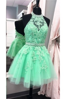 Halter Short Green Beaded Lace Prom Party Homecoming Graduation Dresses 3020706