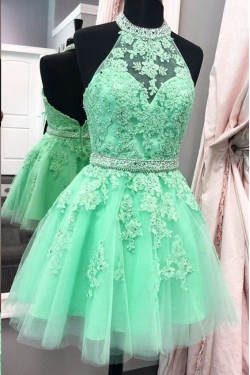 Halter Short Green Beaded Lace Prom Party Homecoming Graduation Dresses 3020706