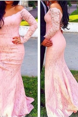 Mermaid Long Sleeves Pink Off-the-Shoulder Lace Prom Evening Party Dresses 3020716