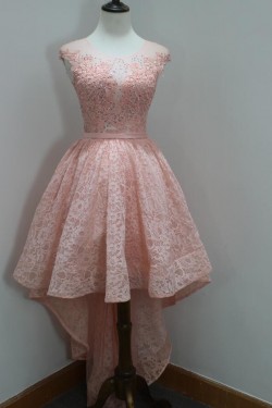 High Low Short Pink Beaded Lace Prom Homecoming Graduation Party Dresses 3020719