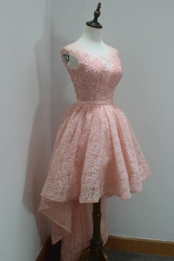 High Low Short Pink Beaded Lace Prom Homecoming Graduation Party Dresses 3020719