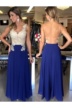 Long Blue White Lace Chiffon Prom Evening Party Dresses 3020722