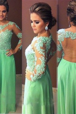 Long Sleeves Lace Appliques and Chiffon Prom Evening Party Dresses 3020724