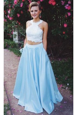 Two Pieces Lace White Blue Long Prom Evening Formal Dresses 3020731