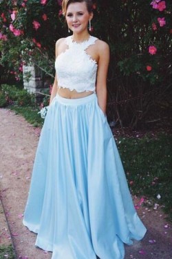 Two Pieces Lace White Blue Long Prom Evening Formal Dresses 3020731