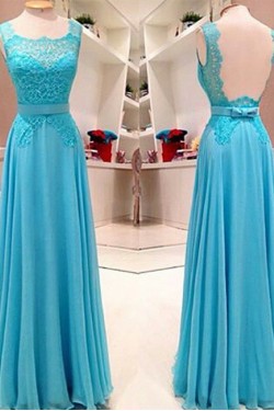 Long Blue Lace Chiffon Prom Dresses Party Evening Gowns 3020750