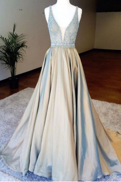 A-Line Beaded V-Neck Long Prom Dresses Party Evening Gowns 3020753