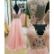 A-Line Beaded Lace V-Neck Long Pink Prom Dresses Party Evening Gowns 3020755