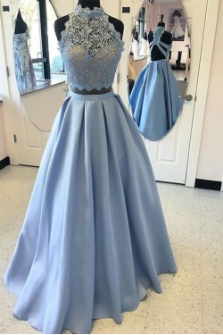 Long Blue Two Pieces Beaded Lace Prom Dresses Party Evening Gowns 3020758
