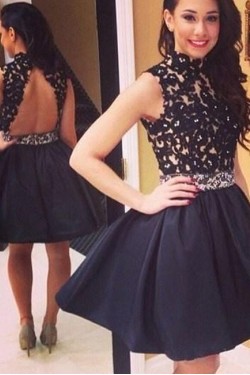 Short Black Beaded Lace Appliques Prom Homecoming Graduation Dresses 3020761