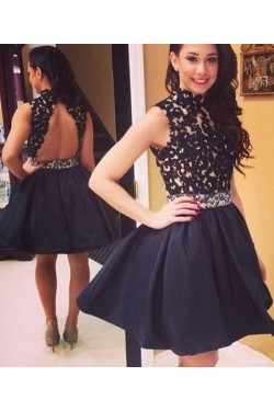 Short Black Beaded Lace Appliques Prom Homecoming Graduation Dresses 3020761