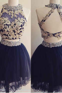 Short Two Pieces Navy Blue Beaded Lace Appliques Prom Homecoming Graduation Dresses 3020764