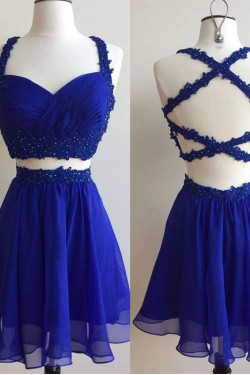 Short Two Pieces Royal Blue Beaded Lace Appliques Prom Homecoming Graduation Dresses 3020765