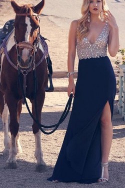 Sheath V-Neck Long Navy Blue Prom Formal Evening Party Dresses 3020775