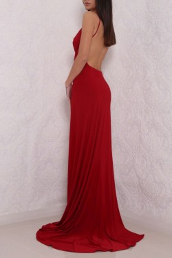 Sheath High Slit V-Neck Backless Long Red Prom Formal Evening Party Dresses 3020779