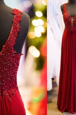 Sheath/Column Lace V-Neck Chiffon Long Red Prom Formal Evening Party Dresses 3020784