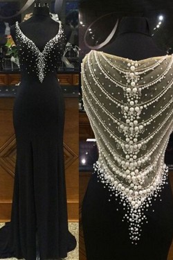 Long Black Beaded Prom Formal Evening Party Dresses 3020794