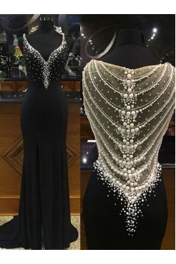 Long Black Beaded Prom Formal Evening Party Dresses 3020794