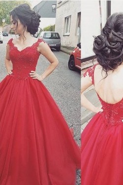 Long Red Lace Ball Gown Prom Formal Evening Party Dresses 3020795