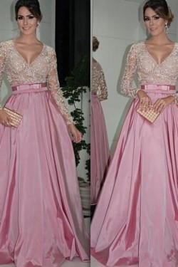 A-Line Long Sleeves V-Neck Prom Formal Evening Party Dresses 3020802