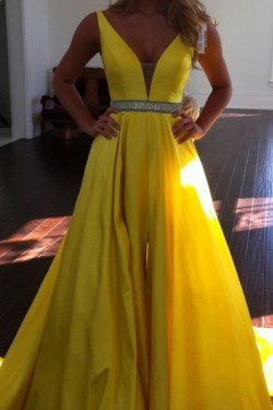 Beaded Long Yellow Prom Formal Evening Party Dresses 3020808