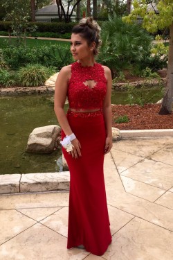 Mermaid Two Pieces Beaded Red Lace Prom Formal Evening Party Dresses 3020811