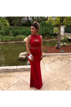 Mermaid Two Pieces Beaded Red Lace Prom Formal Evening Party Dresses 3020811