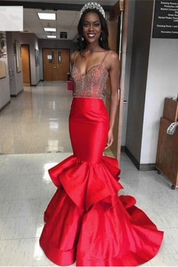Long Red Beaded Mermaid Prom Formal Evening Party Dresses 3020816