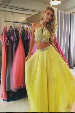 Beaded Two Pieces Yellow Prom Formal Evening Party Dresses 3020817