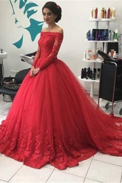 Long Red Off-the-Shoulder Long Sleeves Lace Prom Formal Evening Party Dresses 3020826