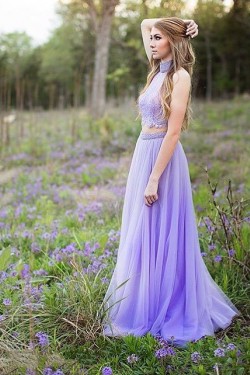 Two Pieces High Neck Lace Beaded Prom Formal Evening Party Dresses 3020828