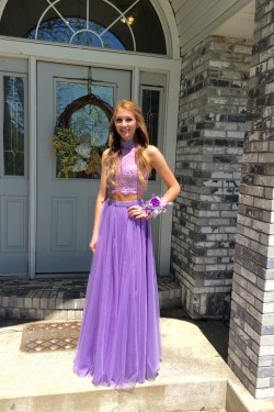 Two Pieces High Neck Lace Beaded Prom Formal Evening Party Dresses 3020828