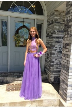 Two Pieces High Neck Lace Beaded Prom Formal Evening Party Dresses 3020828