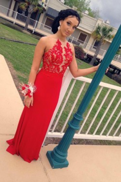 Long Red Halter Lace Prom Formal Evening Party Dresses 3020833