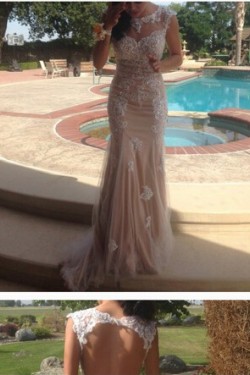Mermaid Lace Appliques Keyhole Back Long Prom Formal Evening Party Dresses 3020835