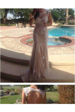 Mermaid Lace Appliques Keyhole Back Long Prom Formal Evening Party Dresses 3020835