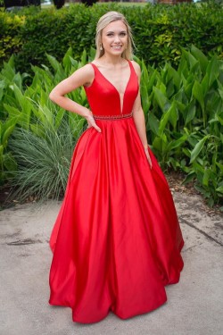 Long Red V-Neck Beaded Prom Formal Evening Party Dresses 3020839