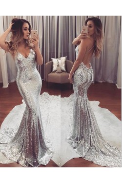 Mermaid Silver Sequins V-Neck Prom Formal Evening Party Dresses 3020843