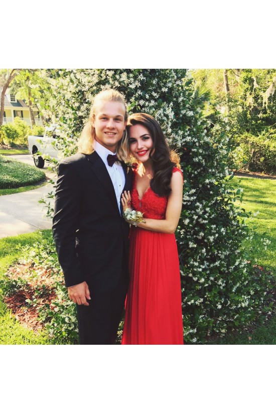 Long Red V-Neck Lace Chiffon Prom Formal Evening Party Dresses 3020844