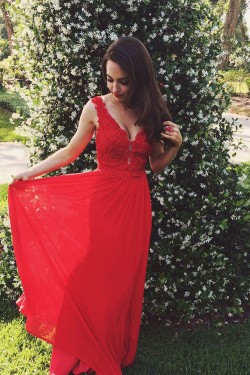 Long Red V-Neck Lace Chiffon Prom Formal Evening Party Dresses 3020844