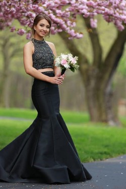 Mermaid Long Black Two Pieces Beaded Prom Formal Evening Party Dresses 3020847