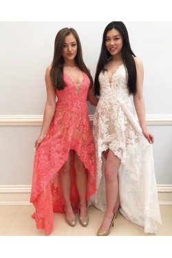 High Low V-Neck Lace Prom Formal Evening Party Dresses 3020850