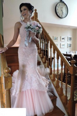 Mermaid Beaded Long Pink Lace Prom Formal Evening Party Dresses 3020856