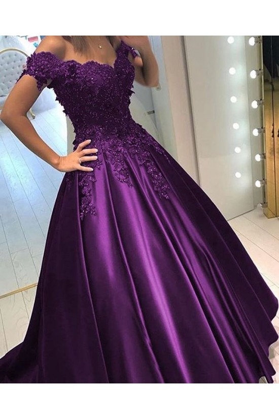 Ball Gown Off-the-Shoulder Purple Long Lace Prom Formal Evening Party Dresses 3020858