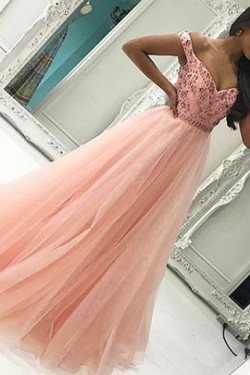 Beaded Long Pink Off-the-Shoulder Prom Formal Evening Party Dresses 3020859