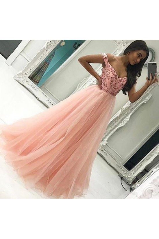 Beaded Long Pink Off-the-Shoulder Prom Formal Evening Party Dresses 3020859