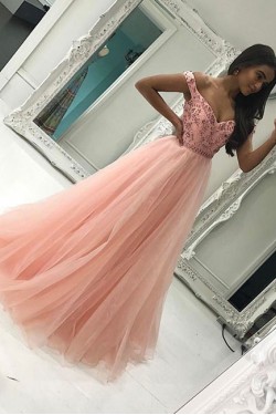Beaded Long Pink Off-the-Shoulder Prom Formal Evening Party Dresses 3020859