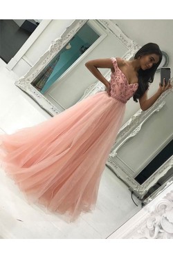 Beaded Long Pink Off-the-Shoulder Prom Formal Evening Party Dresses 3020859